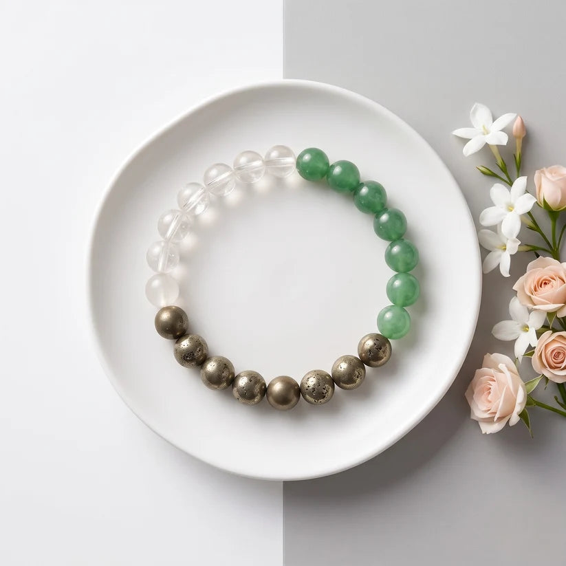 Good luck ( Green Aaventurine ,Clear Quartz , Pyrite ) 8 mm beads