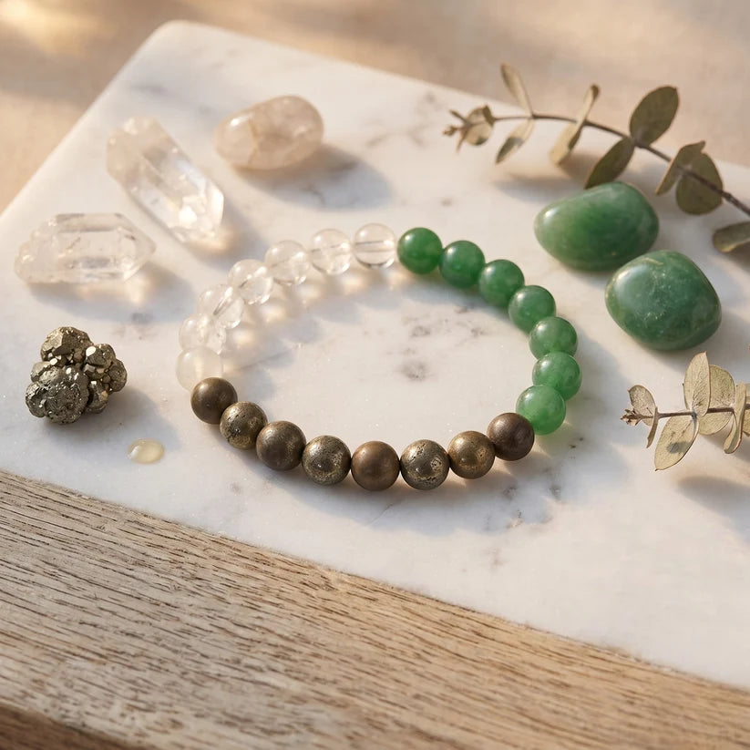 Good luck ( Green Aaventurine ,Clear Quartz , Pyrite ) 8 mm beads